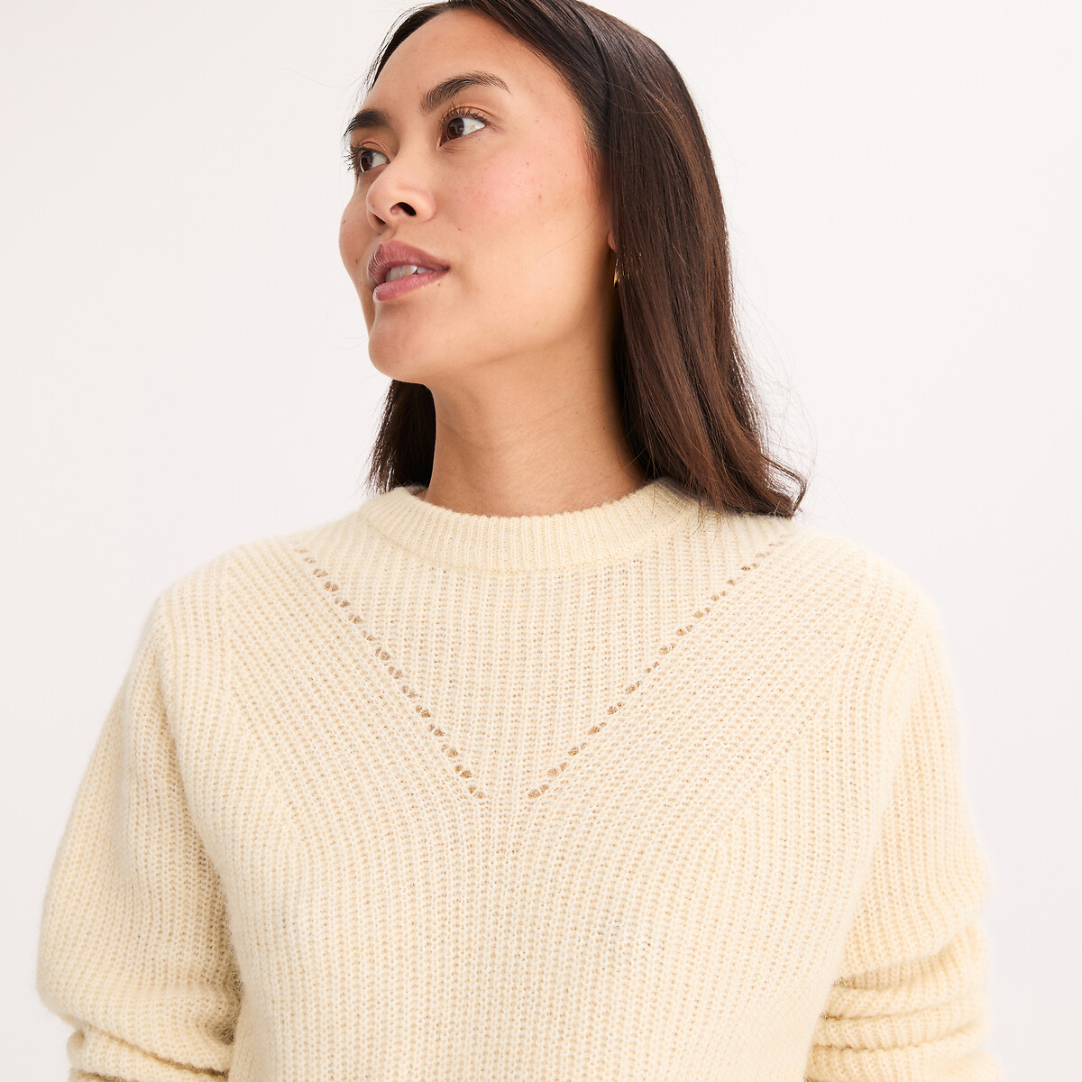 Pull col rond, en grosse maille, en laine et alpaga mélangés ivoire, ANNE WEYBURN
