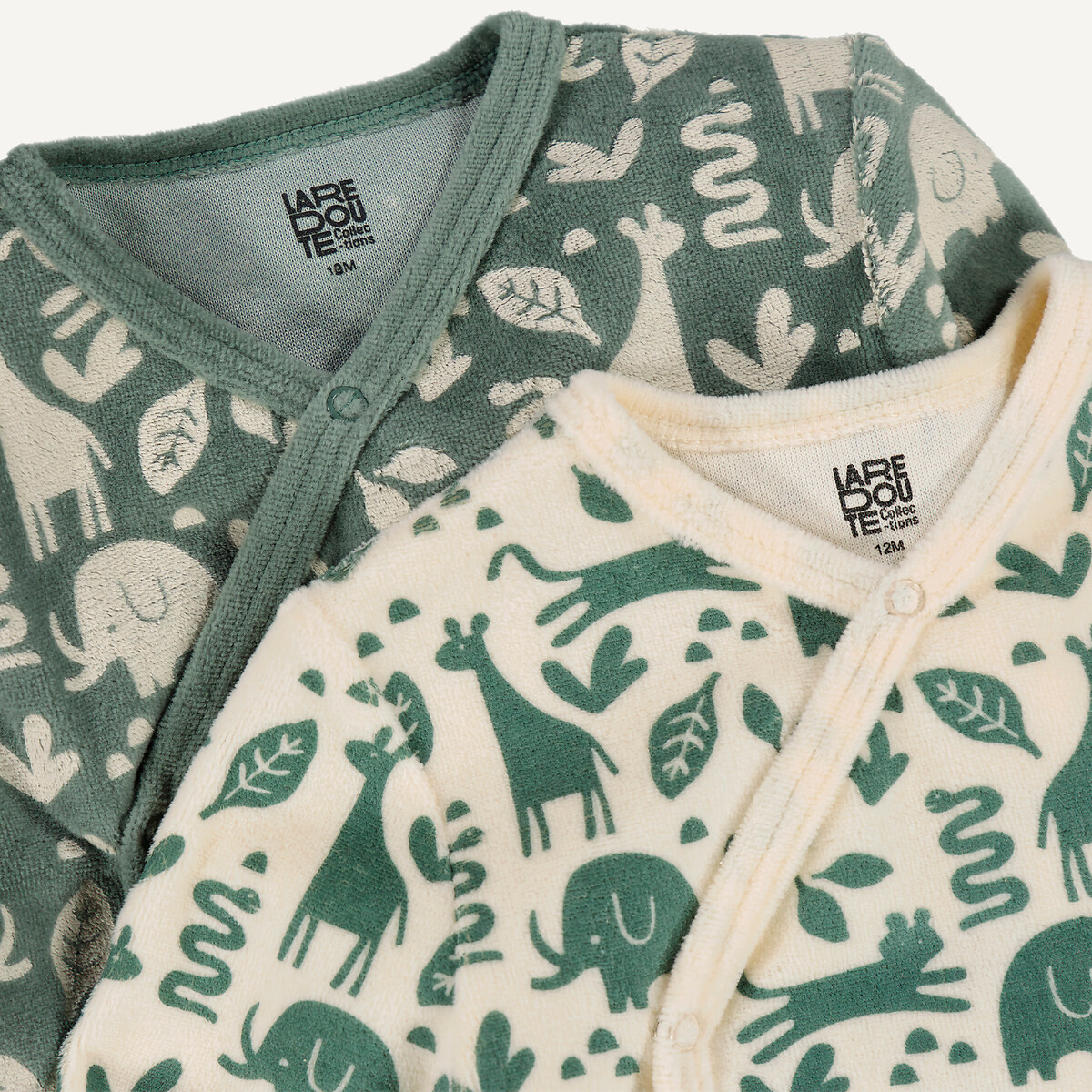 Set van 2 fluwelen 1-delige pyjama's, dierenprint groen / ecru, LA REDOUTE COLLECTIONS