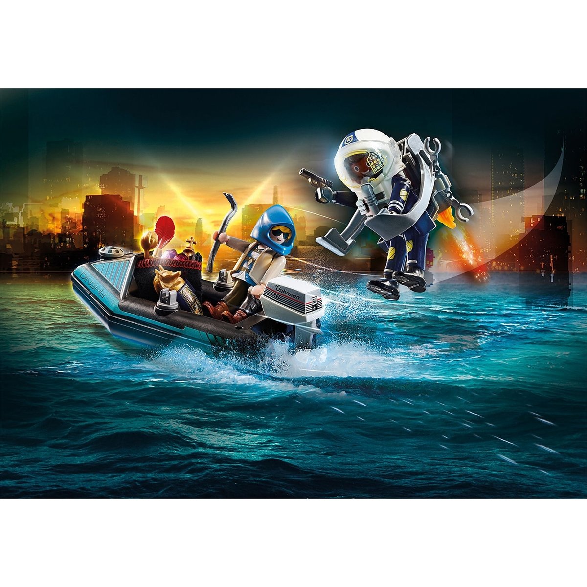 Policier avec réacteur dorsal et canoë multicolore, PLAYMOBIL
