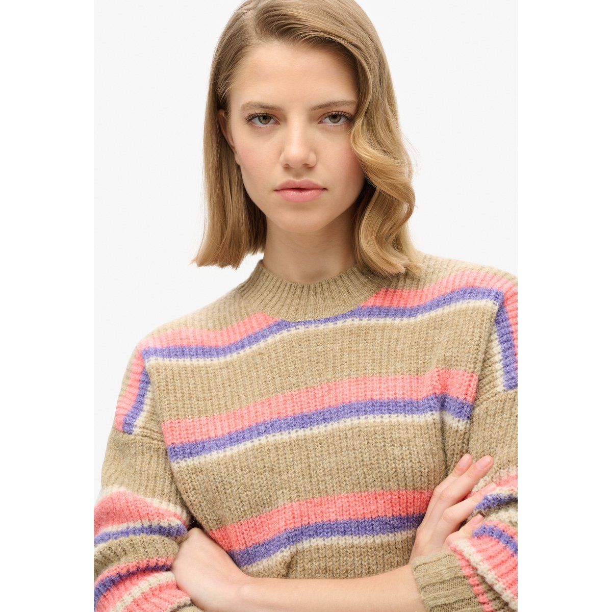 Pull ras du cou à rayures multiples marron caramel multicolore, SUPERDRY