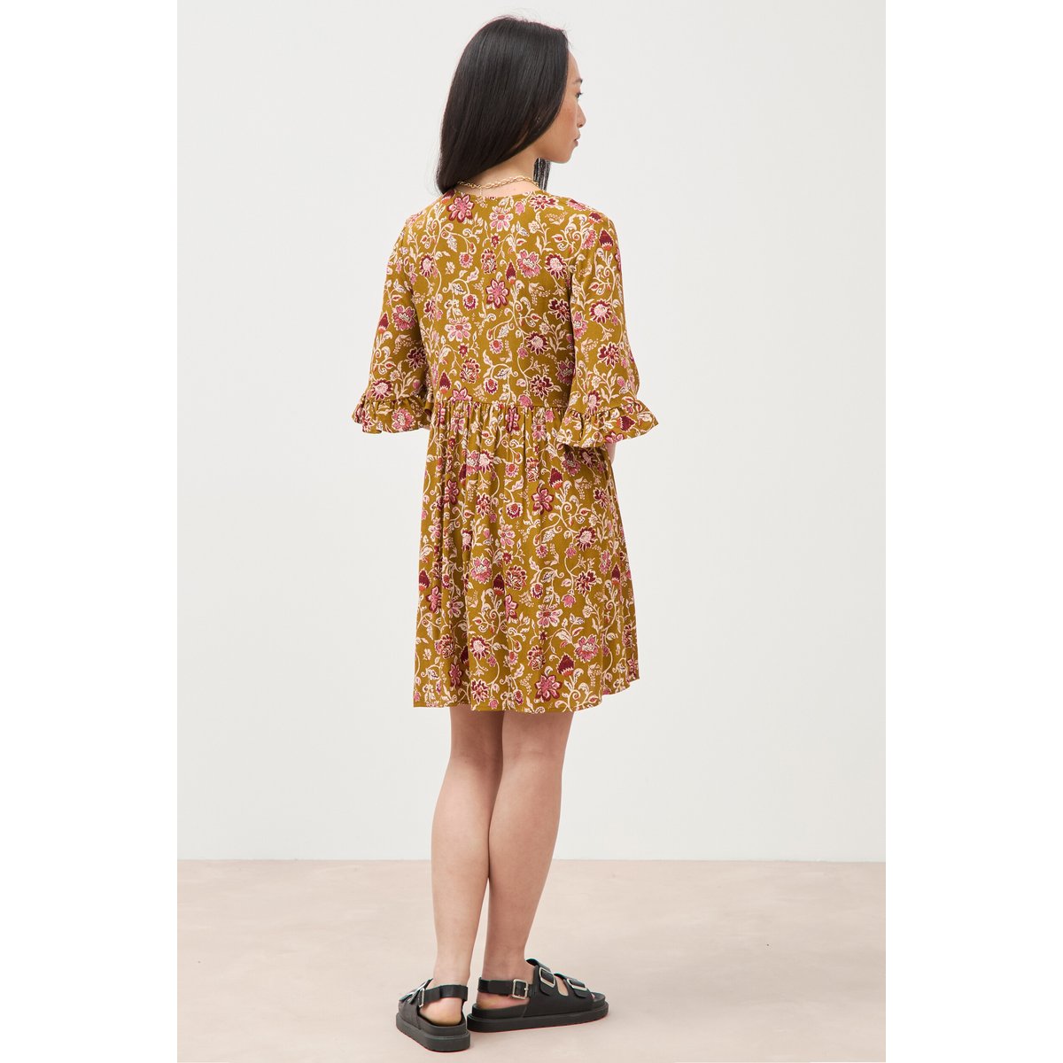 Robe col v manches au coude vert olive, BONOBO