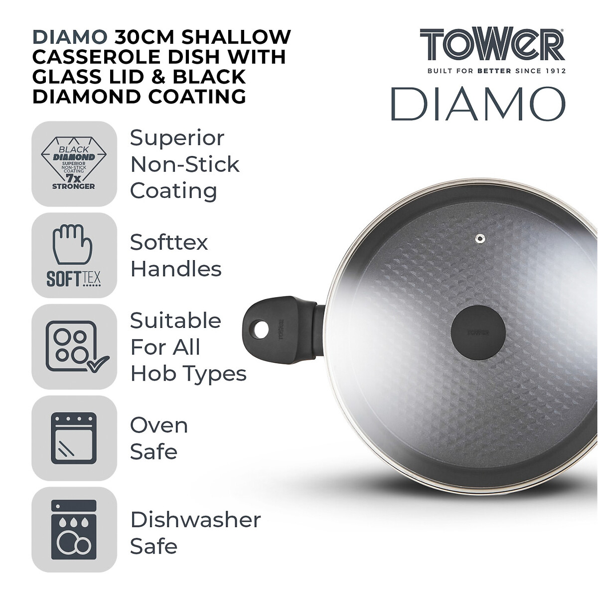 30cm Diamo Shallow Casserole Pan with Black Diamond coating black, TOWER
