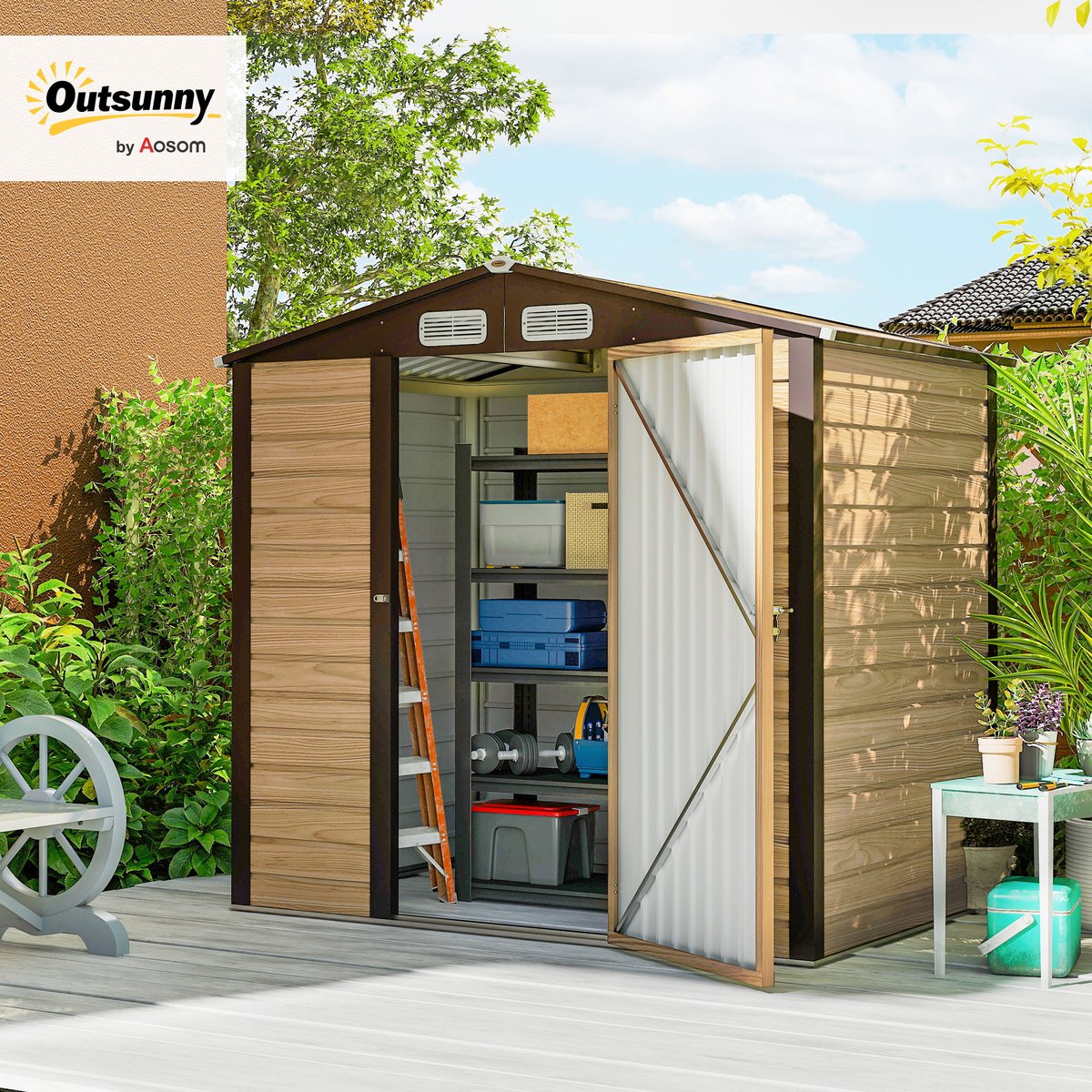 Abri de jardin Acier galvanisé Chêne marron, OUTSUNNY