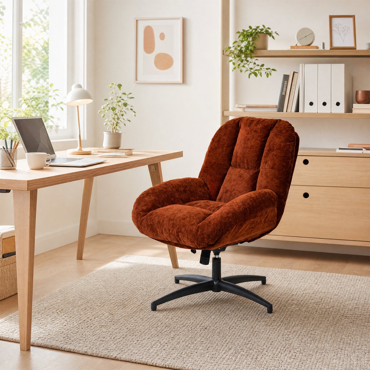 Chaise de bureau pivotante avec dossier inclinable en chenille, LITHOPSFIX CHENILLEO rouge, MEUBLES COSY