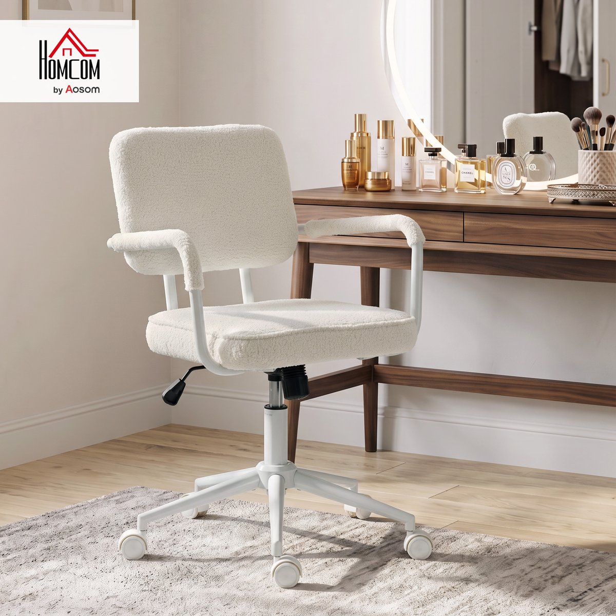 Chaise de bureau Tissu bouclette (100 % blanc crème, HOMCOM