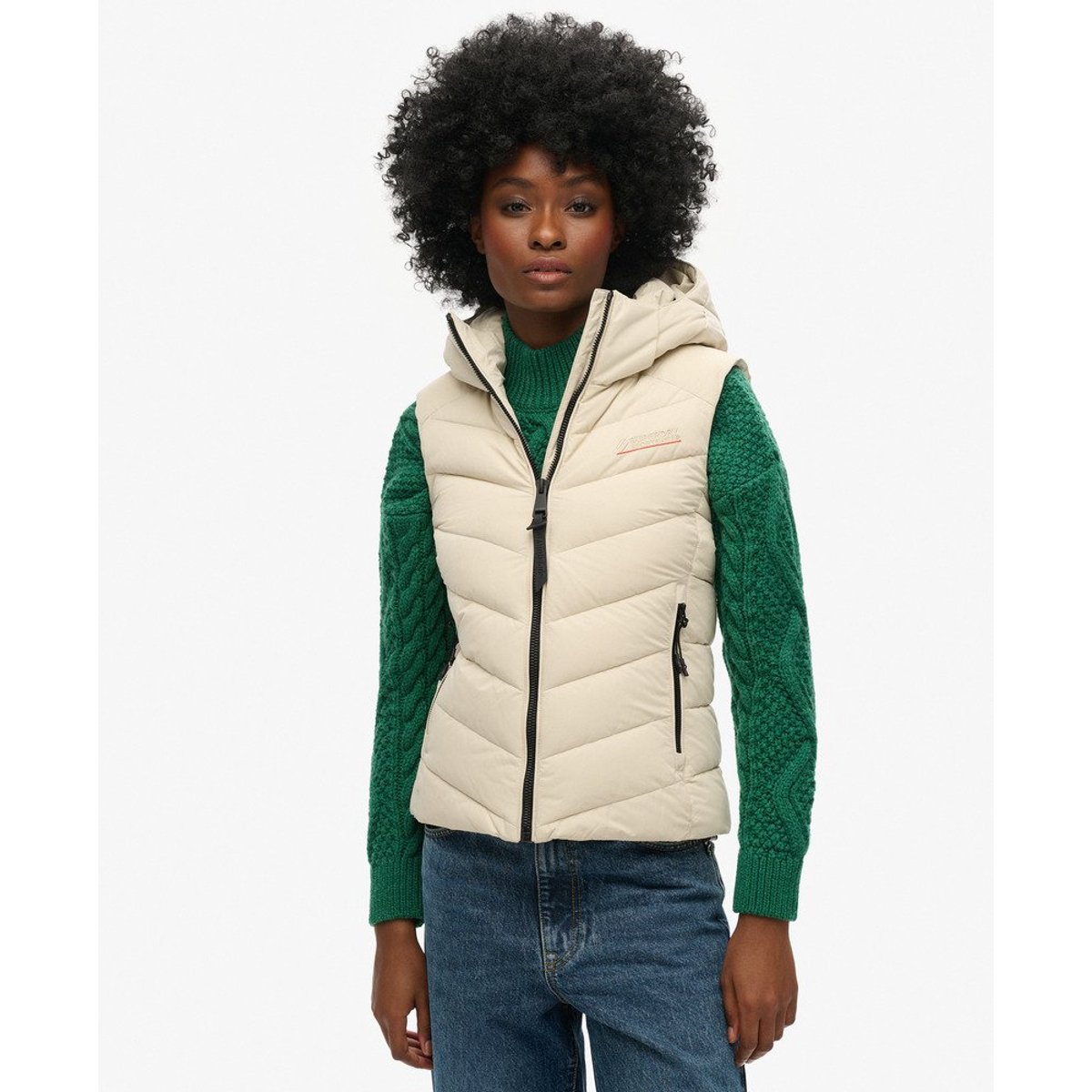 Doudoune sans manches à capuche en microfibre beige pélican, SUPERDRY