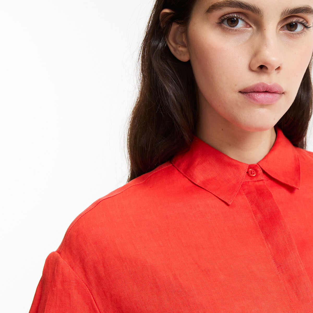 Robe-chemise droite, en lin, longue, manches longues rouge grenadine, LA REDOUTE COLLECTIONS