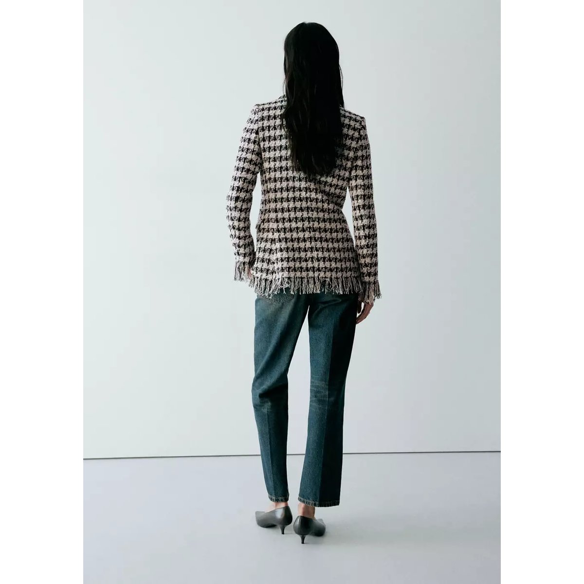 Blazer pied-de-poule effiloché noir, MANGO