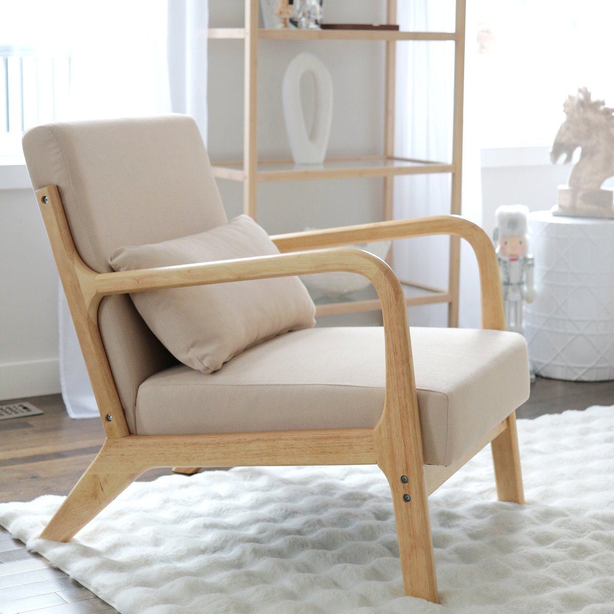 Accent Chair velours (100 % polyester) Beige beige, bois naturel, HOMCOM