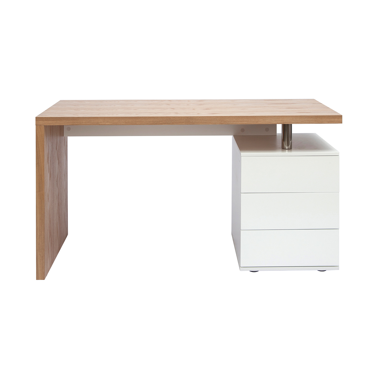 Bureau avec rangements 3 tiroirs design blanc laqué brillant L140 cm CALIX chêne clair, MILIBOO