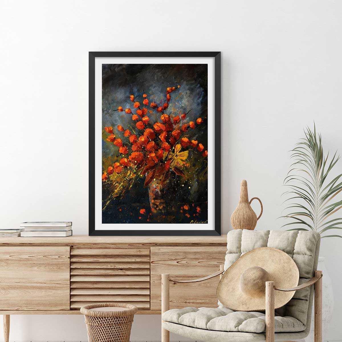 Affiche vase fleurs orange affiche + cadre en bois - noir, HEXOA