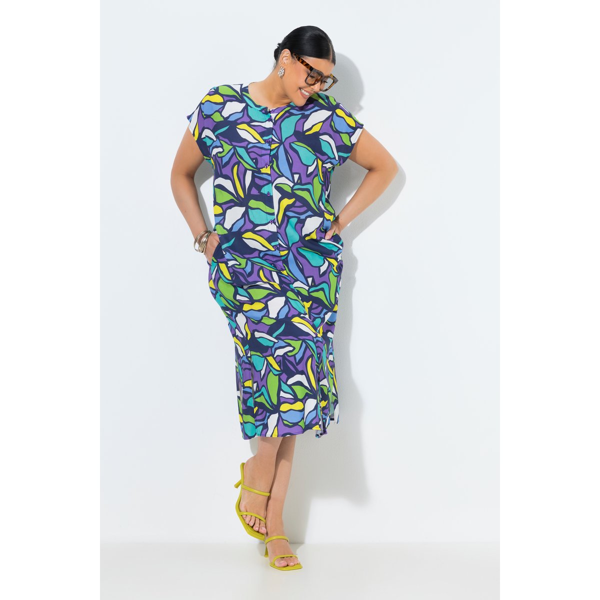 Robe midi oversize, motif feuilles violet, ULLA POPKEN