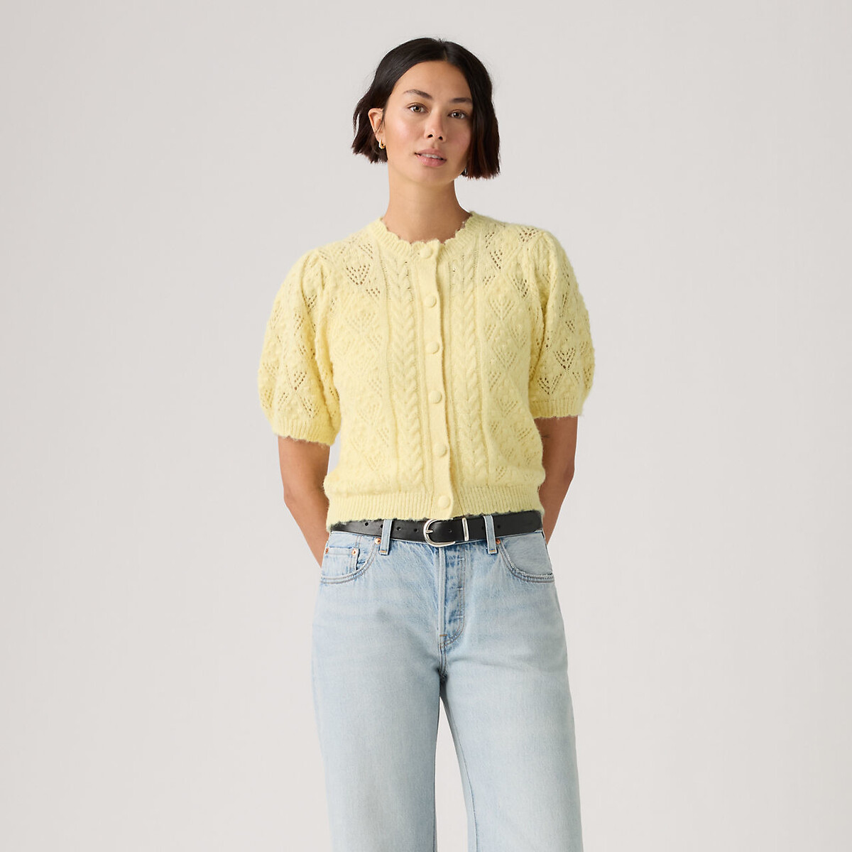 Pointelle Short Sleeve Crew Neck Cardigan vanilla yellow, LEVI'S