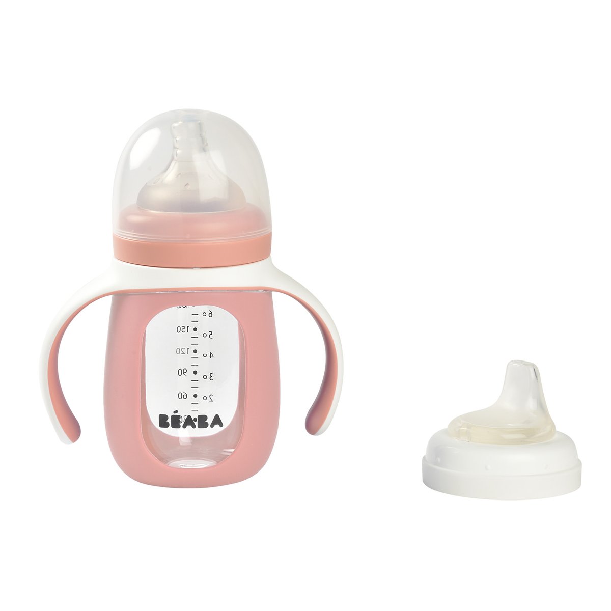 Biberon verre + housse silicone 2 en 1 rose ancienne, BEABA