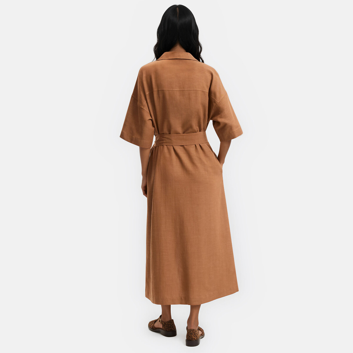 Lange overhemdjurk met elleboogmouwen met ceintuur kastanje kameel, LA REDOUTE COLLECTIONS