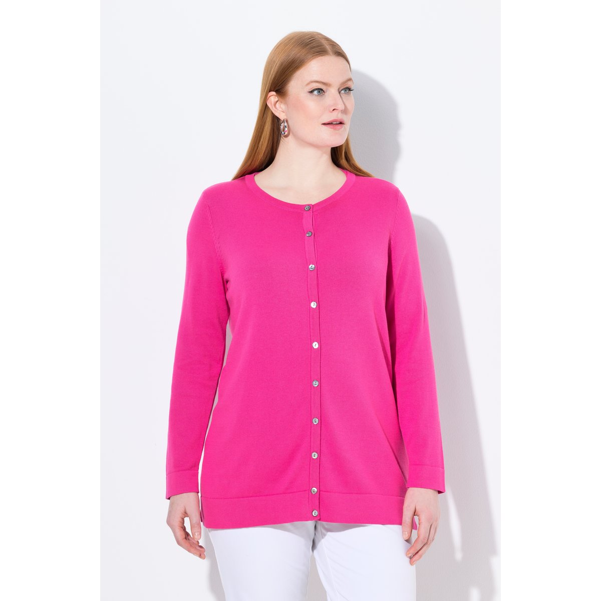 Cardigan twinset en coton Pima. Col rond magenta, ULLA POPKEN