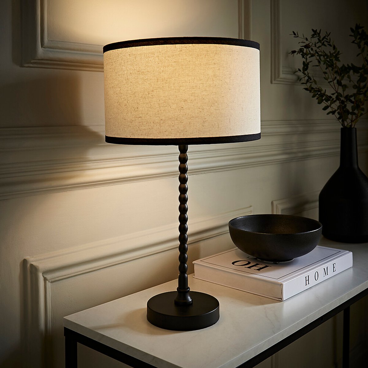 Max Bobble Table Lamp with Natural Linen Black Trim Drum Shade black, SO'HOME