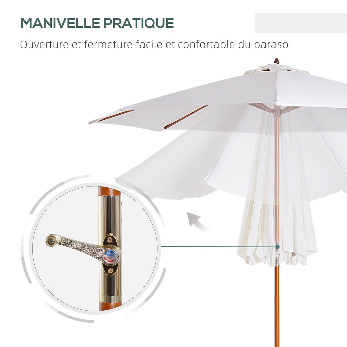Parasol droit octogonal 2,7 x 2,5 m manivelle bois toile haute densité crème beige, OUTSUNNY