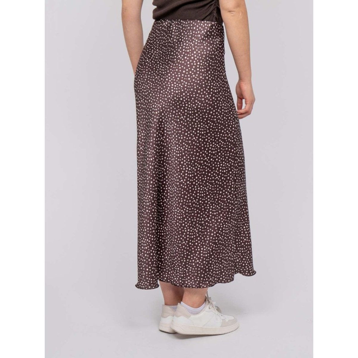 Jupe Longue Satin Motif Pois Xoril marron, DONA LISA