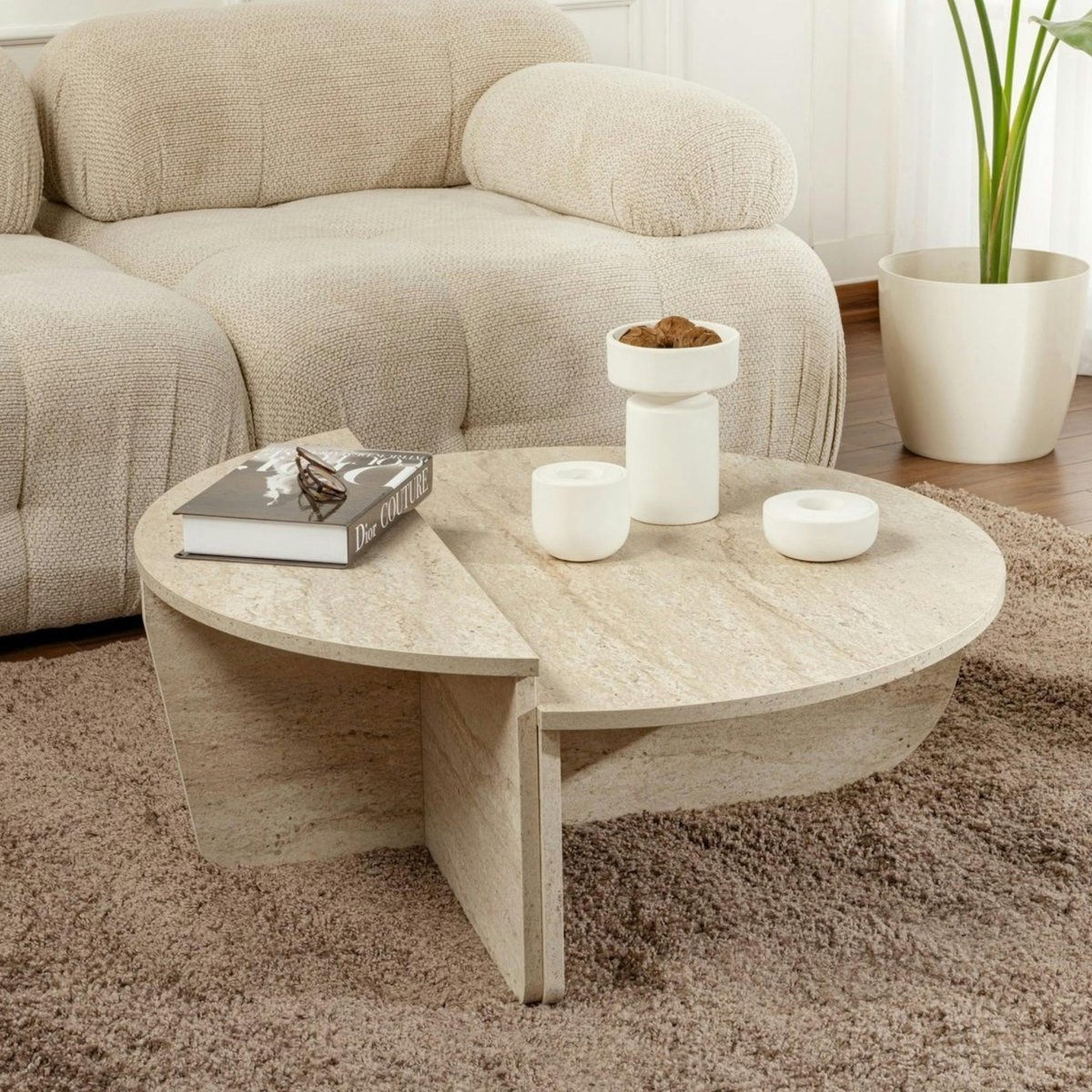 Table basse ronde modulable 2 hauteurs MARFA travertin, PIER IMPORT