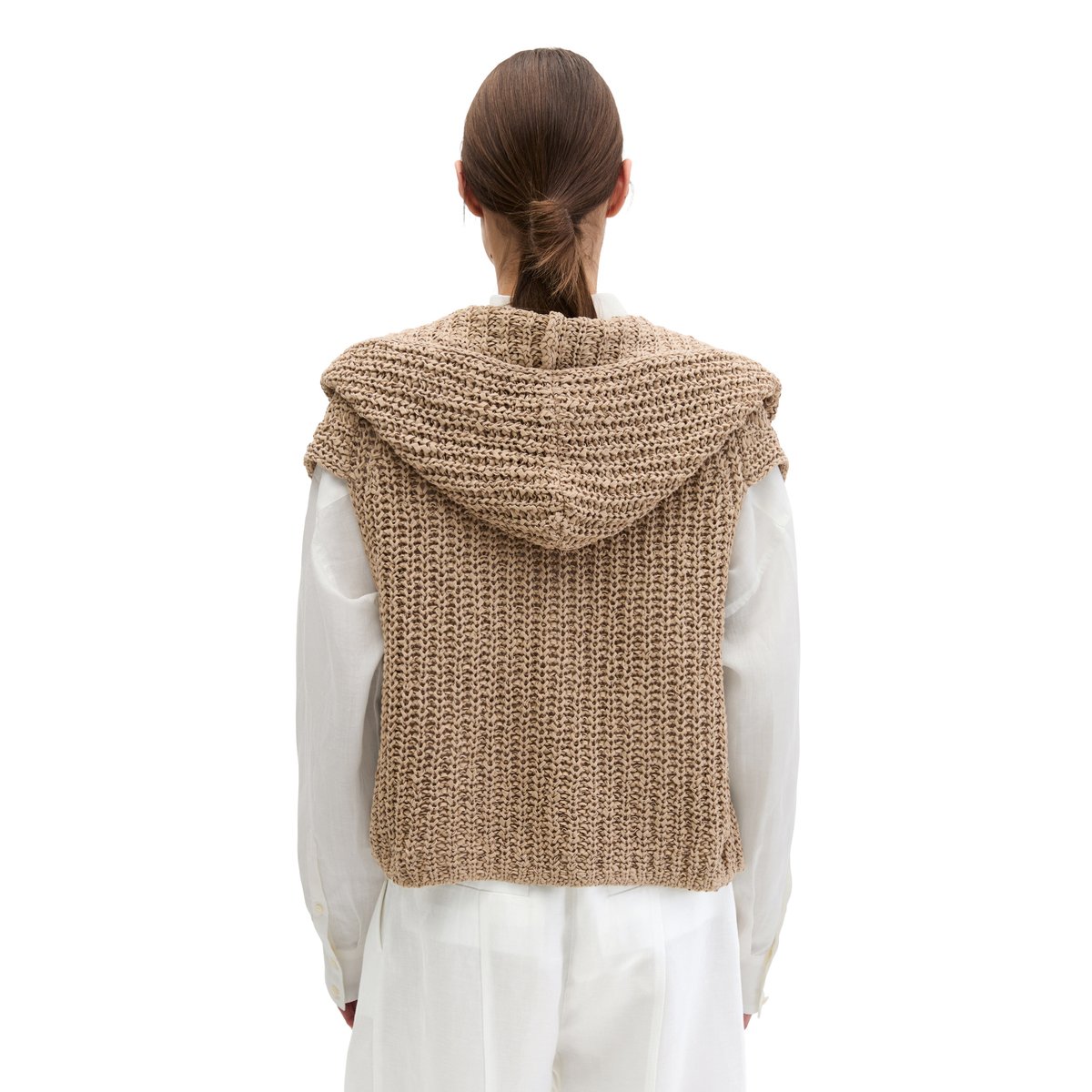 Cardigan sans manches loose en fil à bandelettes beige, MARC O'POLO