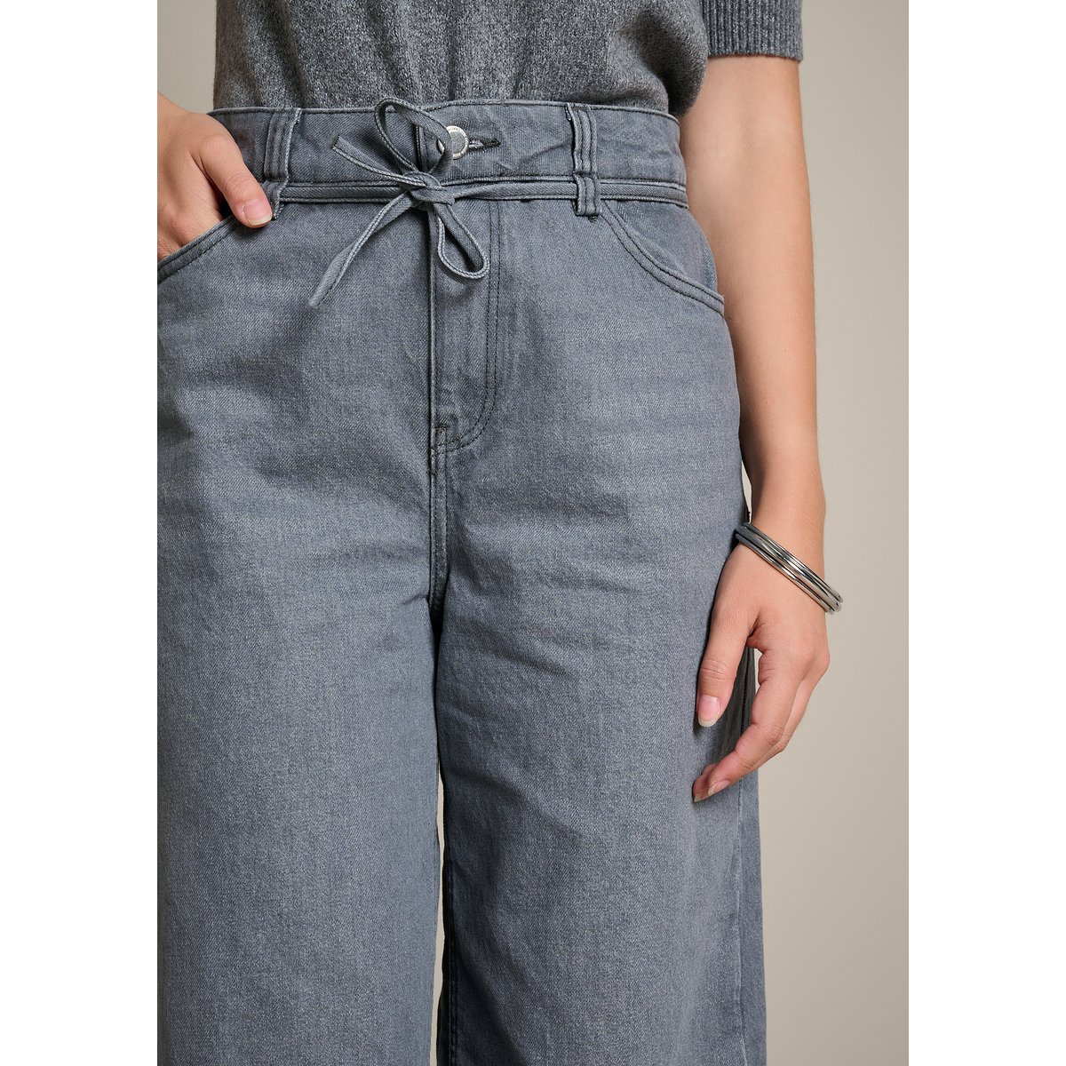 Jean large à taille nouée medium grey, LOLALIZA