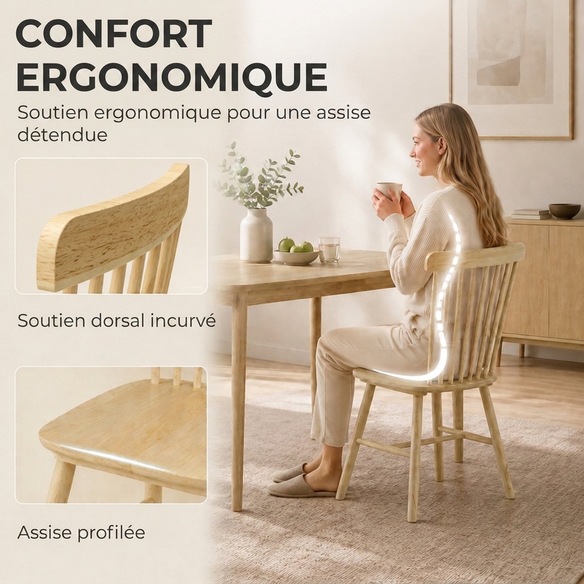Chaise de salle à manger Bois d'hévéa Bois bois naturel, HOMCOM