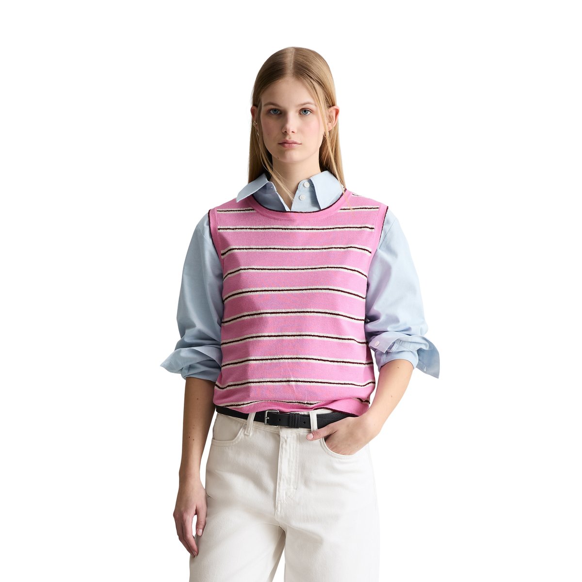 Pull en tricot sans manches regular en mélange coton-modal organique rose, MARC O’POLO DENIM