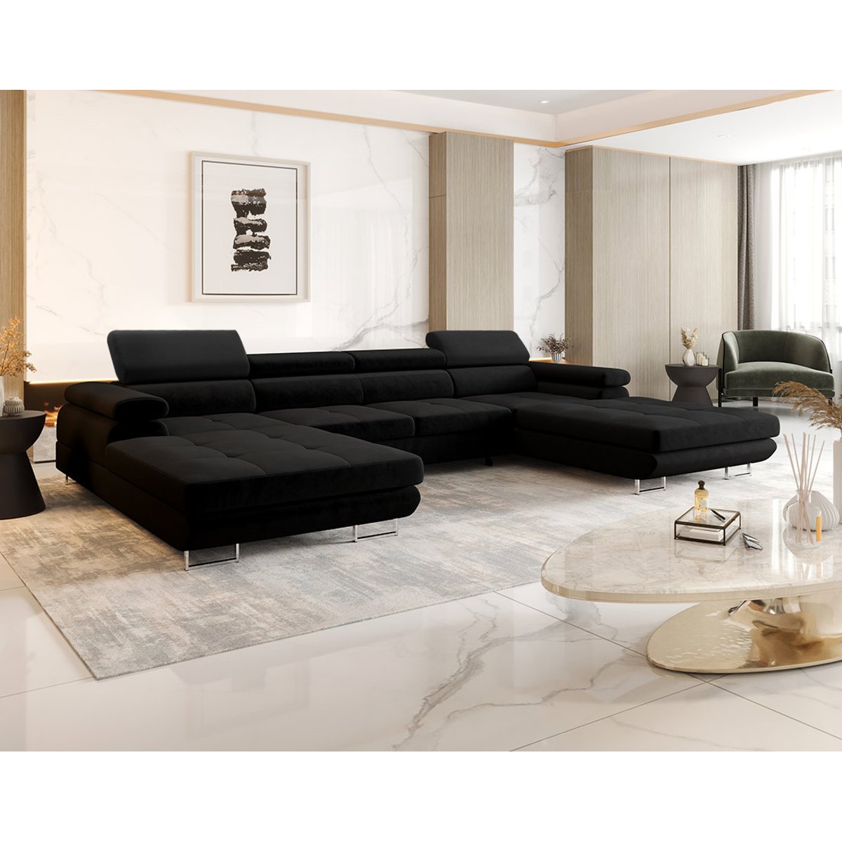 Canapé Panoramique Convertible 7 places - AYDEN noir, BEST MOBILIER