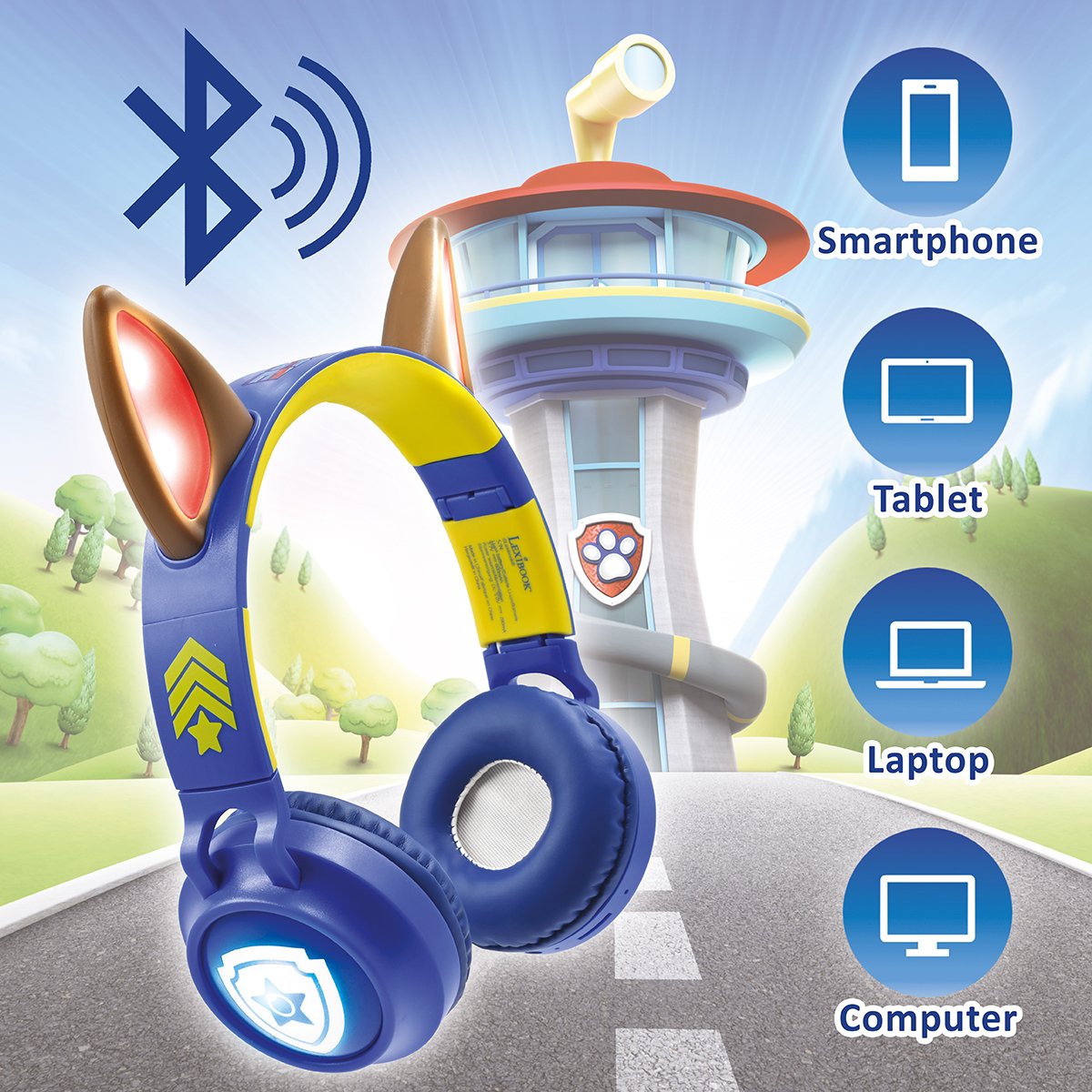 Casque lumineux pliable Bluetooth® et filaire avec un design 3D des oreilles de Chase de La Pat' Patroulle bleu, LEXIBOOK