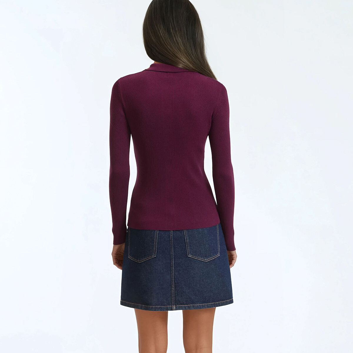 Polo Collar Cardigan in Fine Knit with Button Fastening purple/plum, LA REDOUTE COLLECTIONS