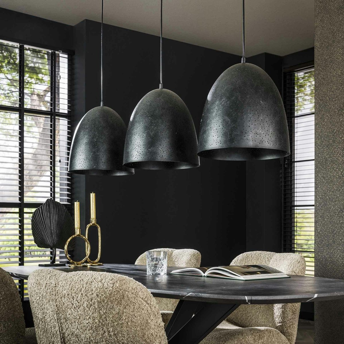 Suspension 3 abat-jour perforés XL RALF anthracite, PIER IMPORT