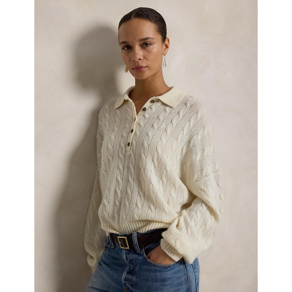 Pull col polo torsadé, 90% laine 10% cachemire crème, POLO RALPH LAUREN