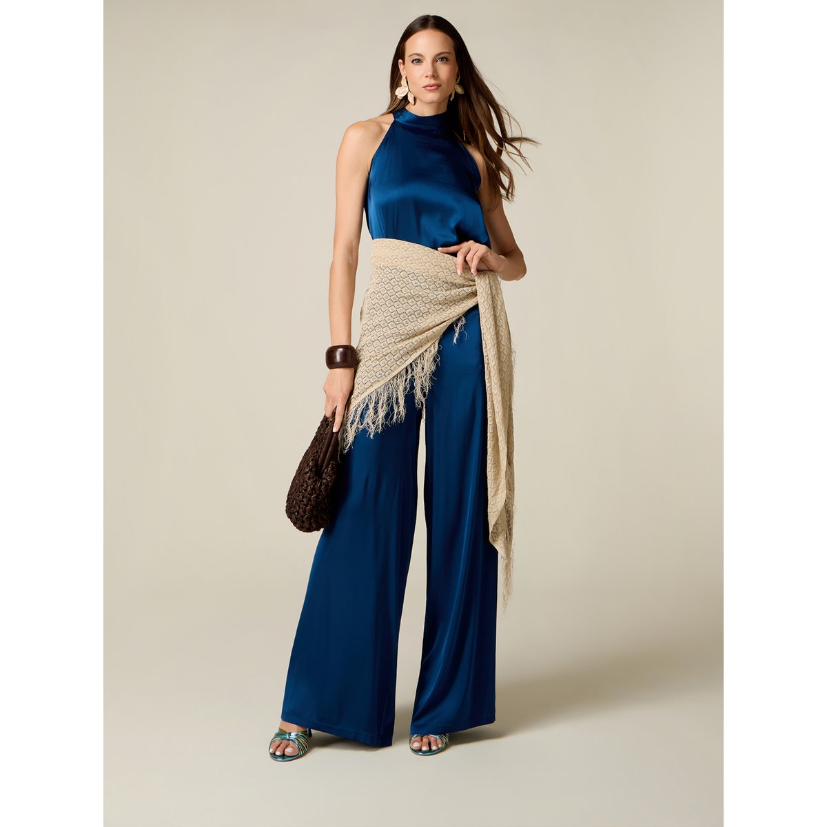 Pantalon palazzo en viscose petrol blue, OLTRE