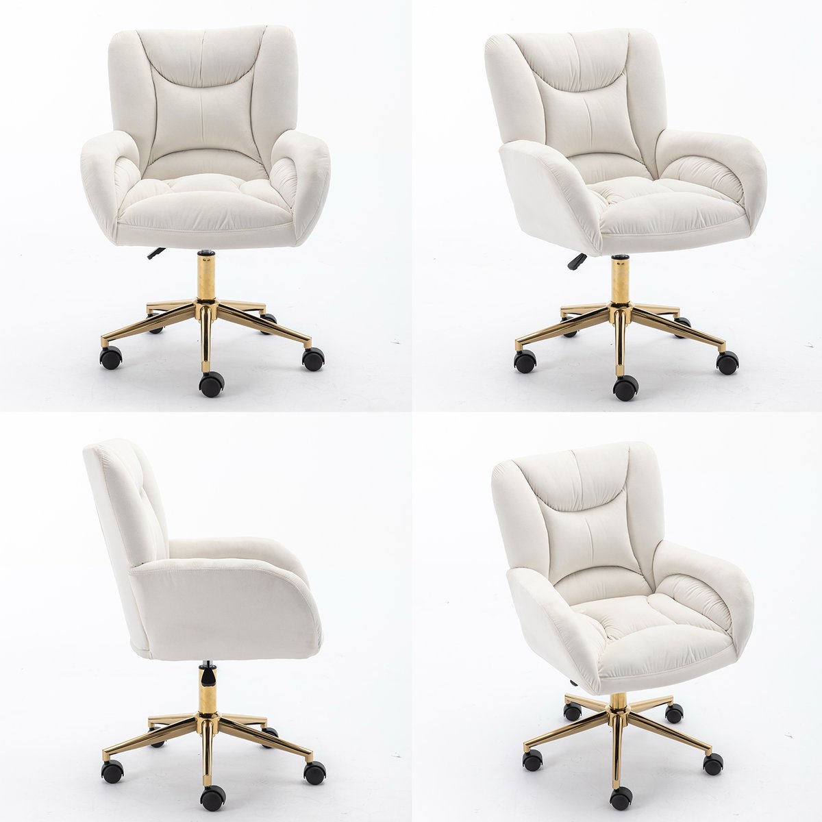 Chaise de bureau en velours réglable et pivotante, ROSSIE blanc, MEUBLES COSY
