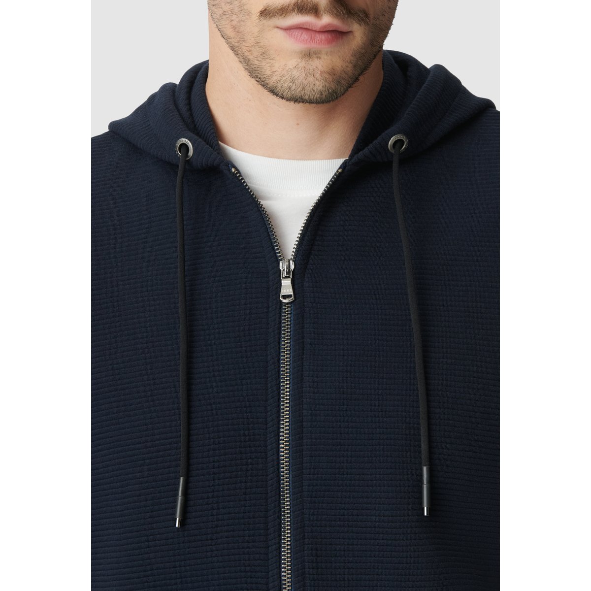 Cardigan coton bio maille Ottoman à capuche bleu marine, IKKS