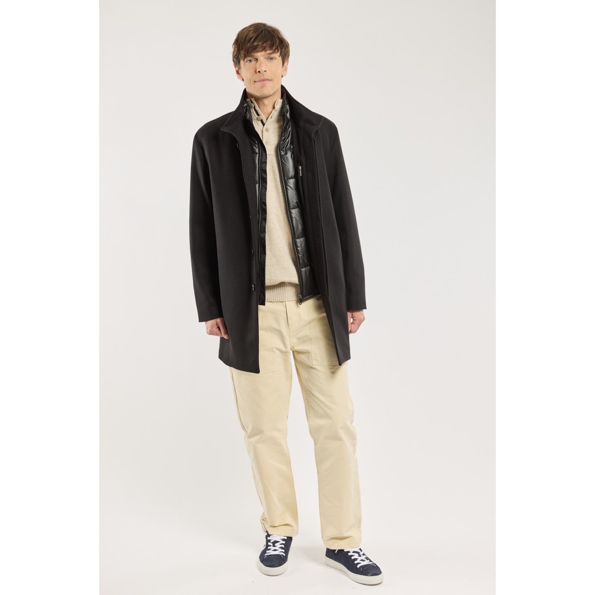 Manteau boutonné en drap de laine noir, ARMOR-LUX