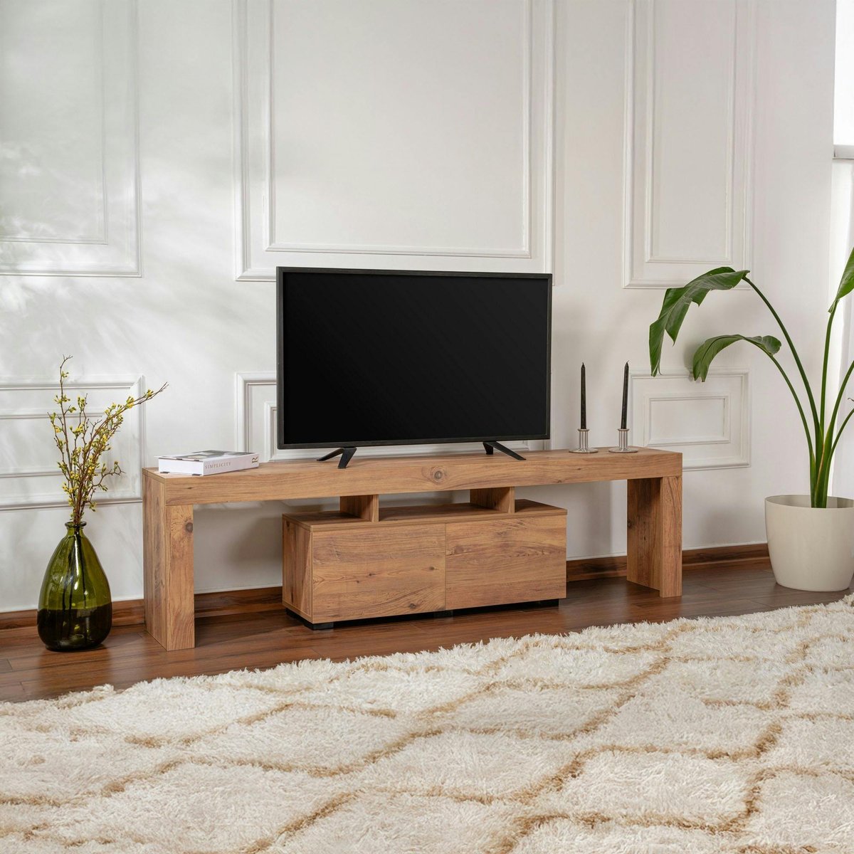 Meuble TV moderne 180 - 2 portes MARFA pin, PIER IMPORT