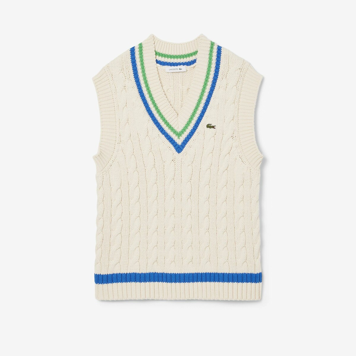 Sleeveless Ribbed Tennis Jumper with V-Neck ecru/green, LACOSTE