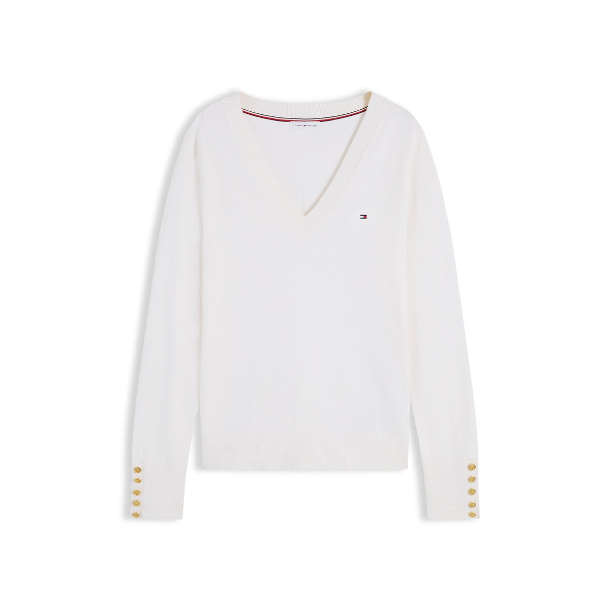 Buttoned Cuff V-Neck Jumper ivory, TOMMY HILFIGER