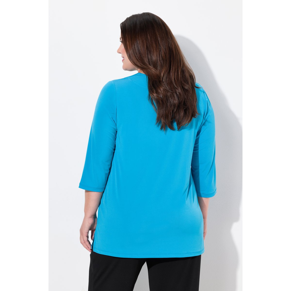 T-shirt long, décolleté en V et manches 3/4 turquoise clair, ULLA POPKEN