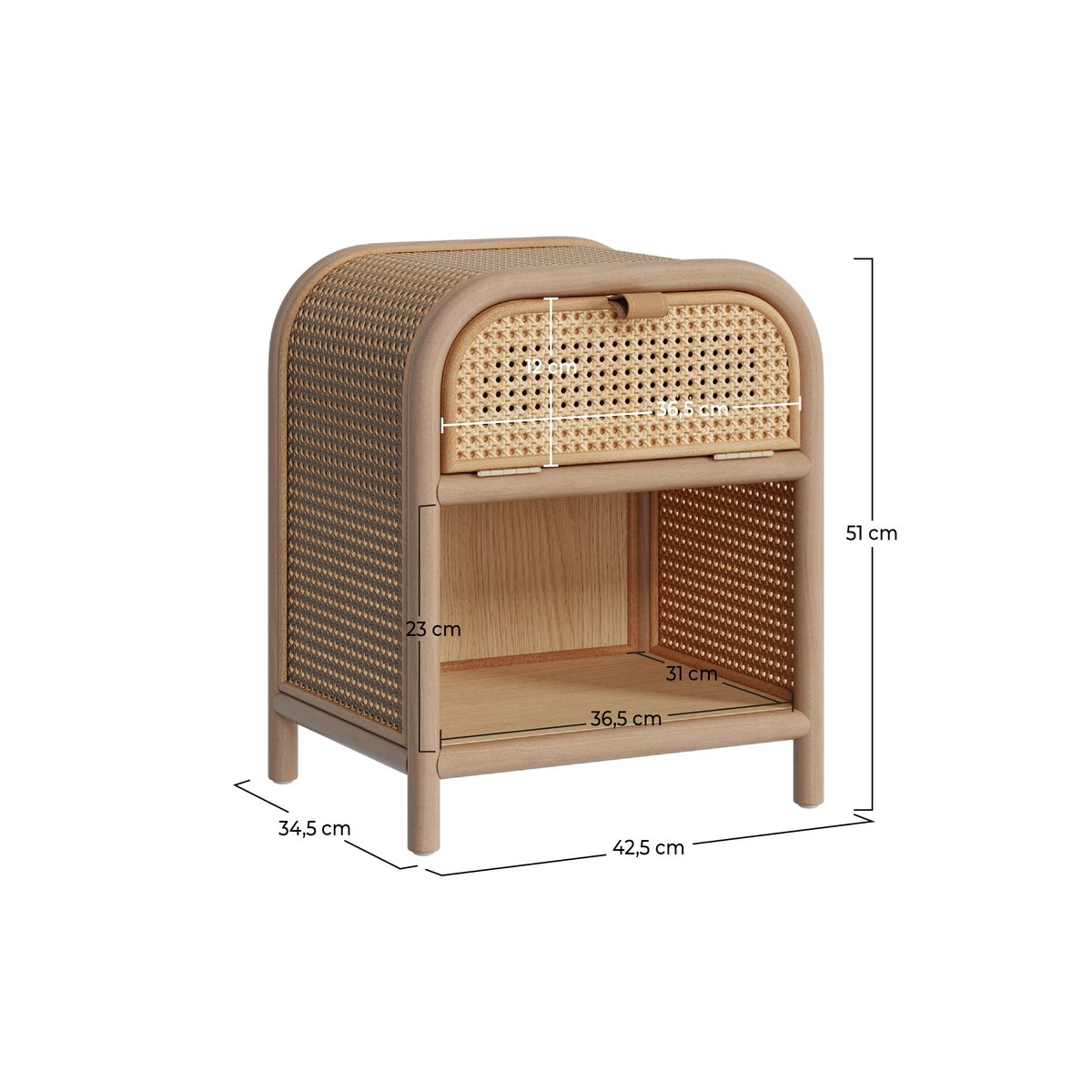 Table de chevet en bois massif, 1 porte et 1 niche - ALATA marron clair, MAISON PAVANE