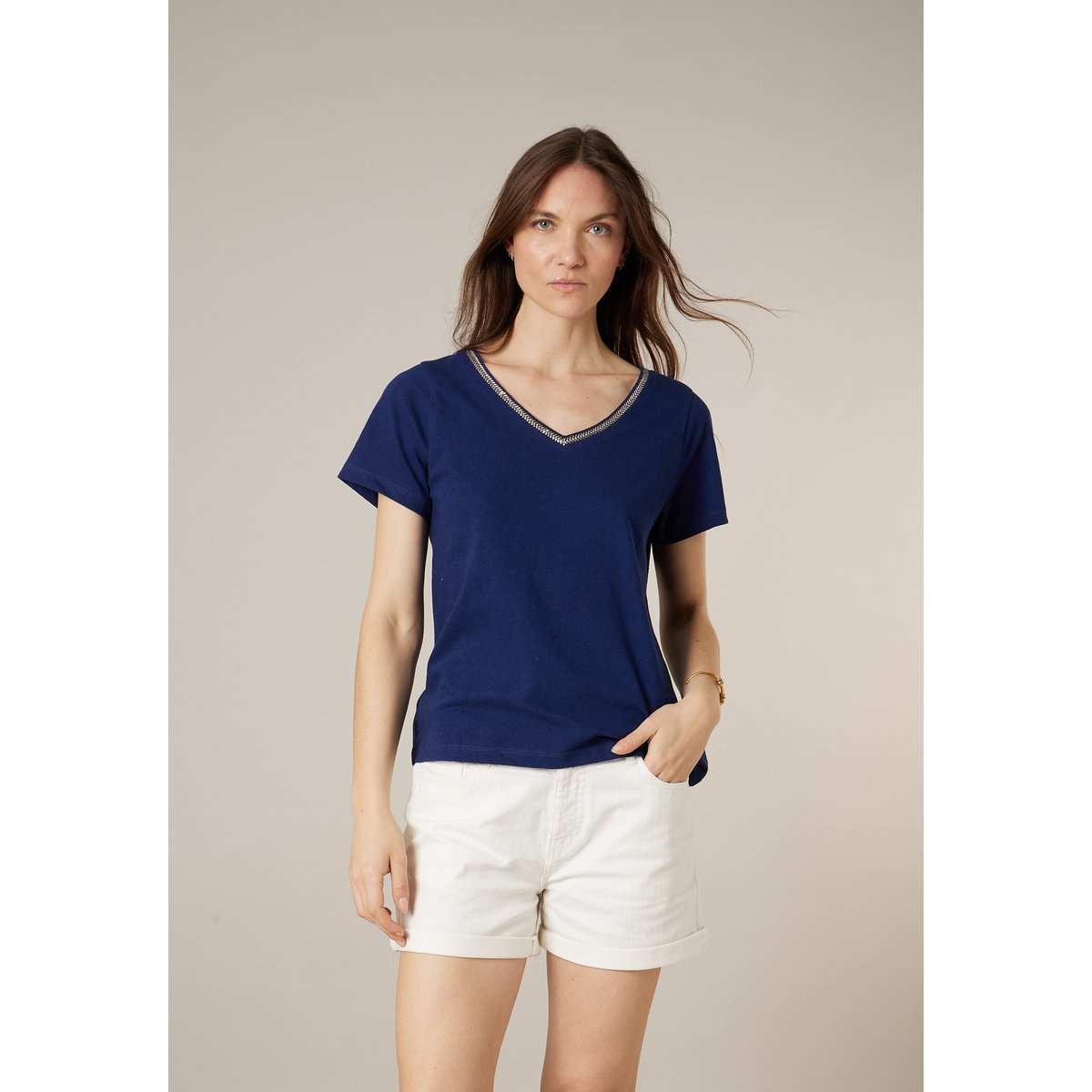 T-shirt femme coton et lin LYVIA navy, DEELUXE