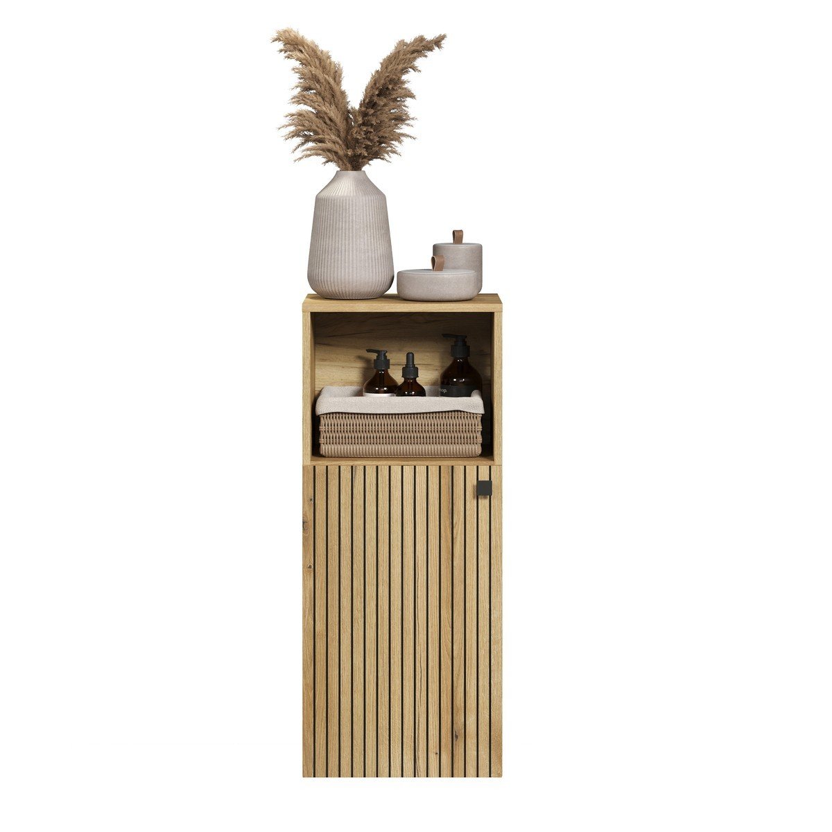 Rangement bas de salle de bain 1 porte et 1 niche L40 cm - PUREBLISS chêne blond et noir mat, CALICOSY