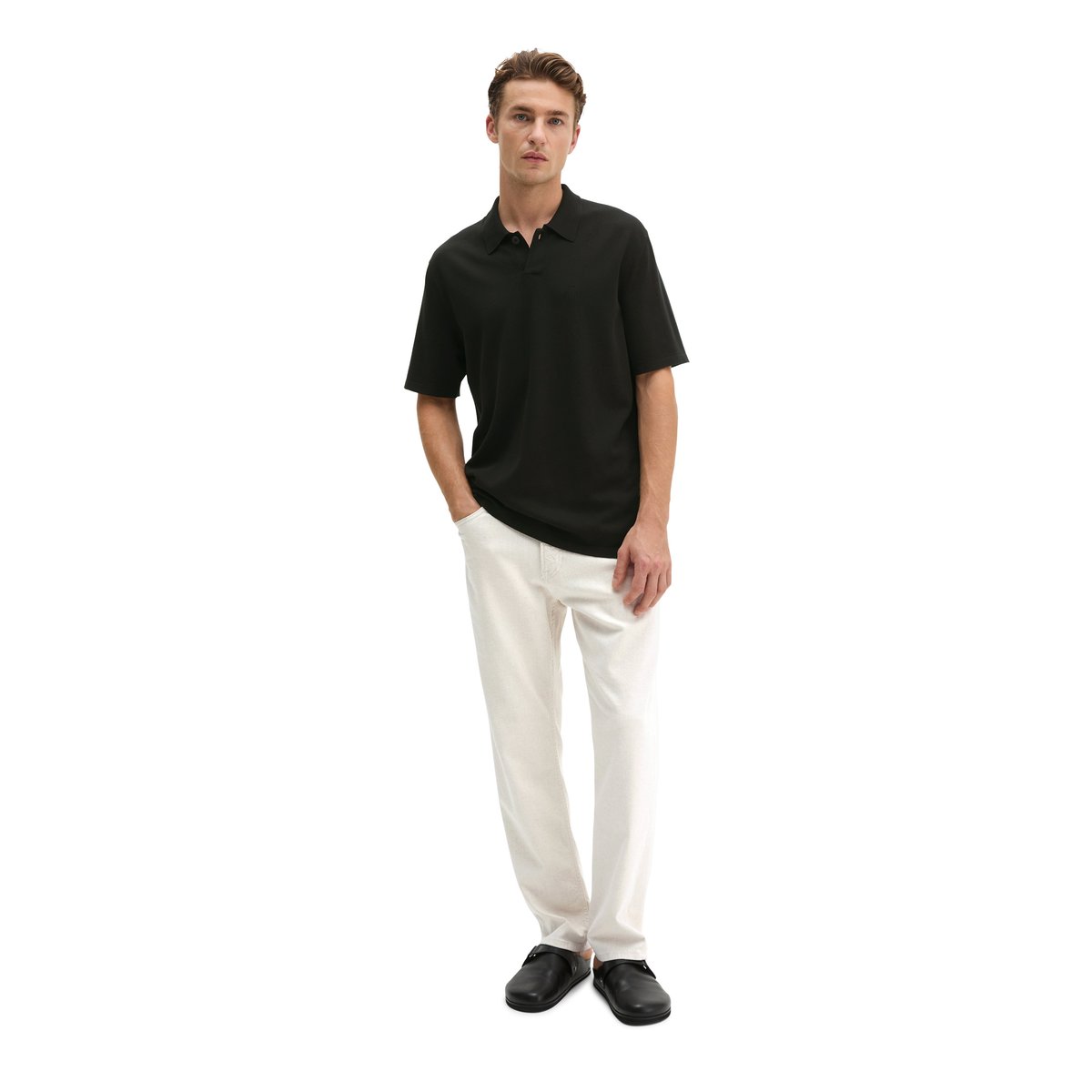 Polo en tricot régulier en pur coton bio noir, MARC O'POLO