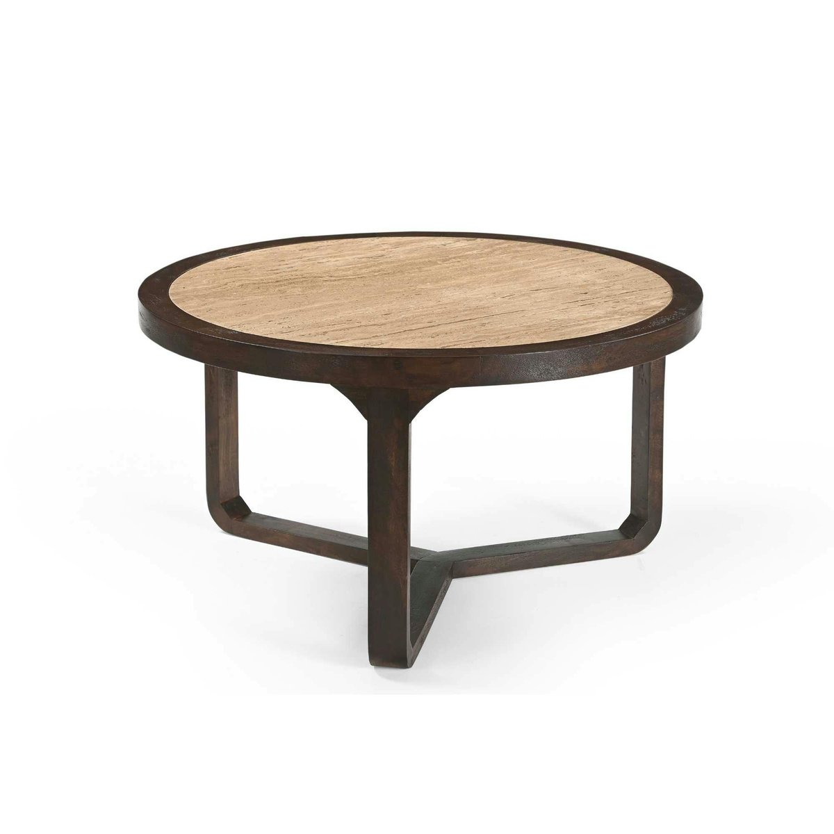 Table basse travertin et bois 3 pieds Ø75 cm DUOMO beige, PIER IMPORT
