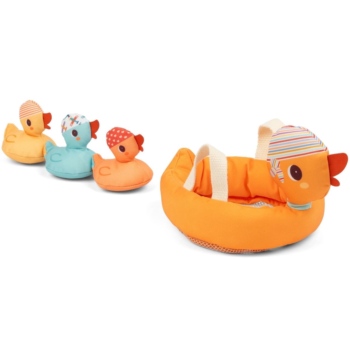 Jeu de bain Maman canards et ses canetons orange, jaune, bleu, LILLIPUTIENS