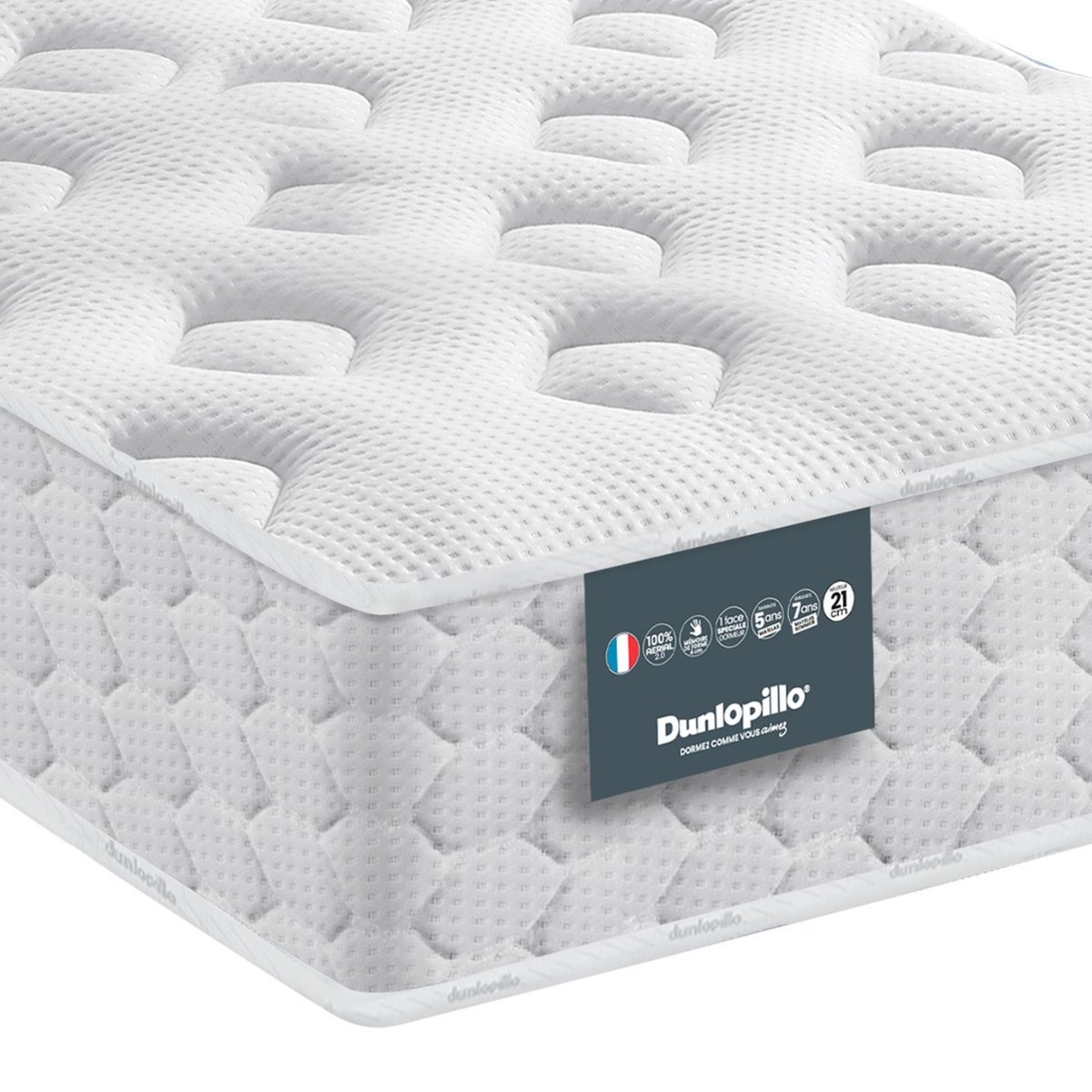Matelas mousse mémoire, sommier pieds NARCISSE blanc, DUNLOPILLO