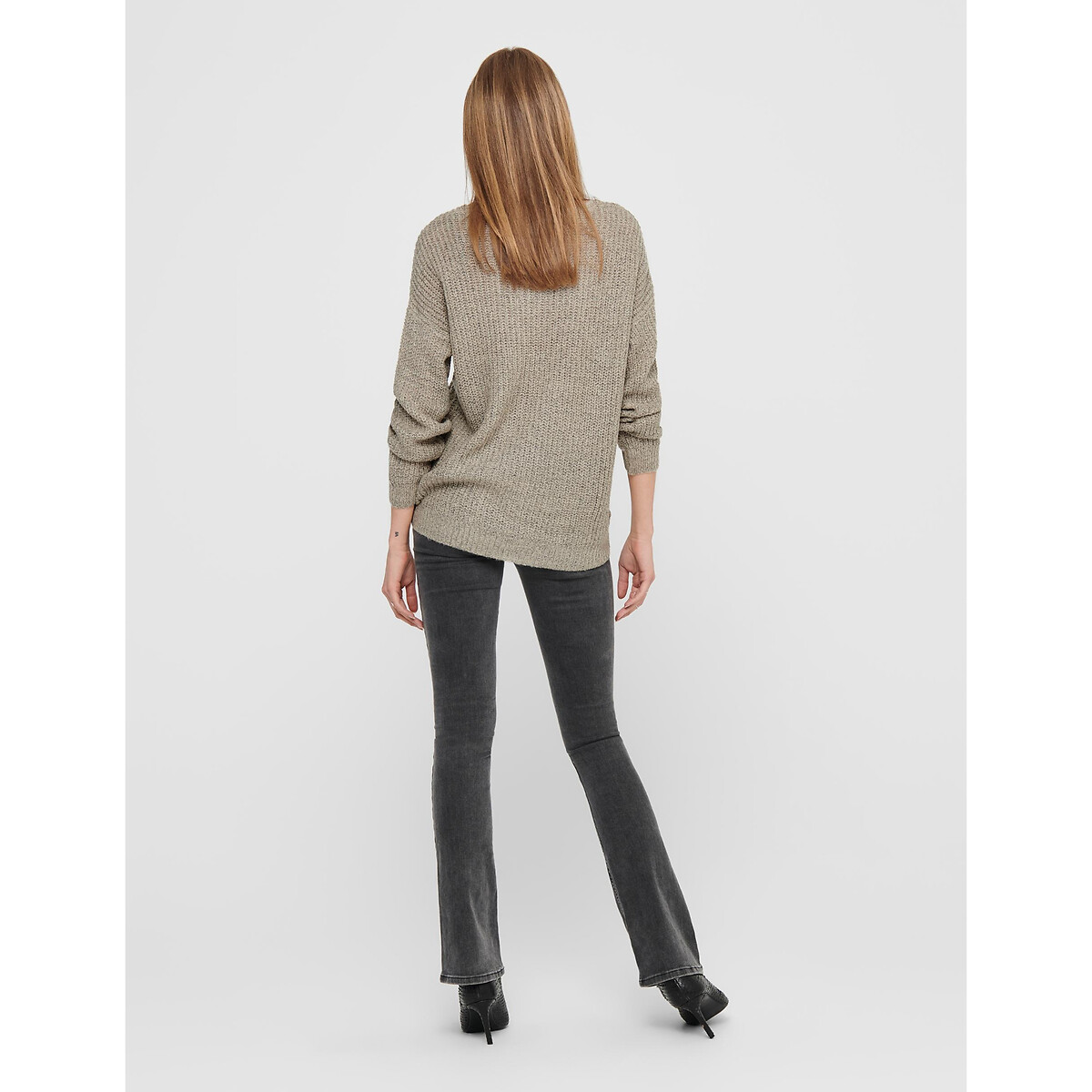 Pull in grossa maglia, scollo a V beige chiaro, JDY
