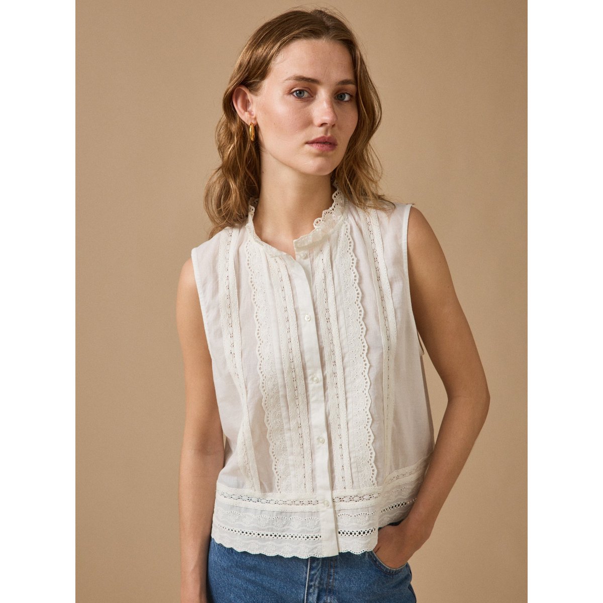Top sans manches boutonné brodé ecru, CYRILLUS
